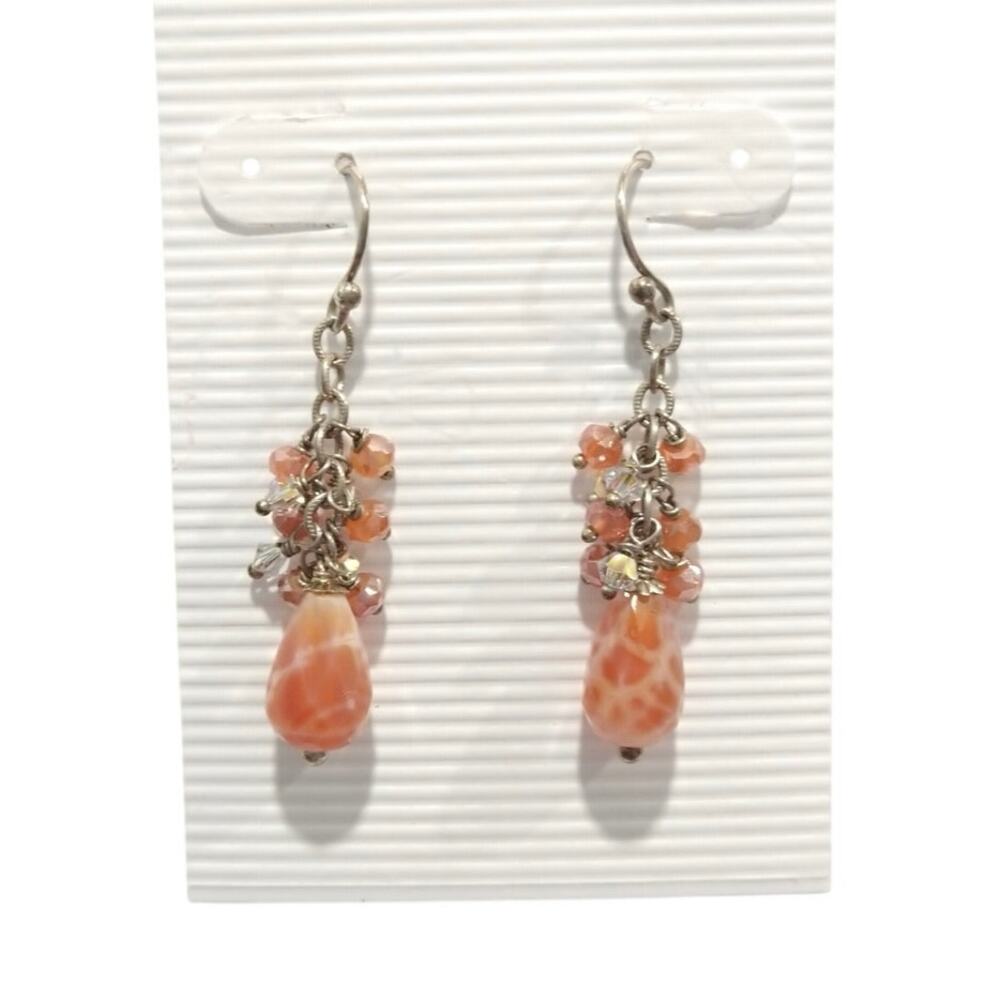 925 Sterling Silver Dangle Drop Earrings Fire Agate Beads Hook Jewelry Lot